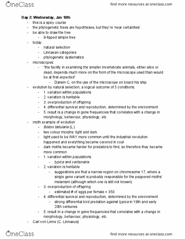 ZOO 2700 Lecture Notes - Lecture 2: Peppered Moth, Charles Darwin, Carl Linnaeus thumbnail