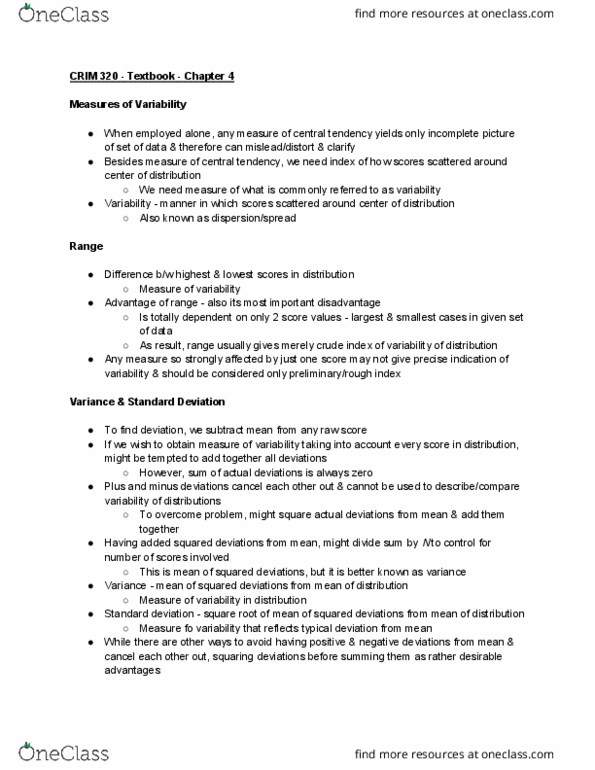 CRIM 320 Chapter Notes - Chapter 4: Squared Deviations From The Mean, Standard Deviation, Central Tendency thumbnail