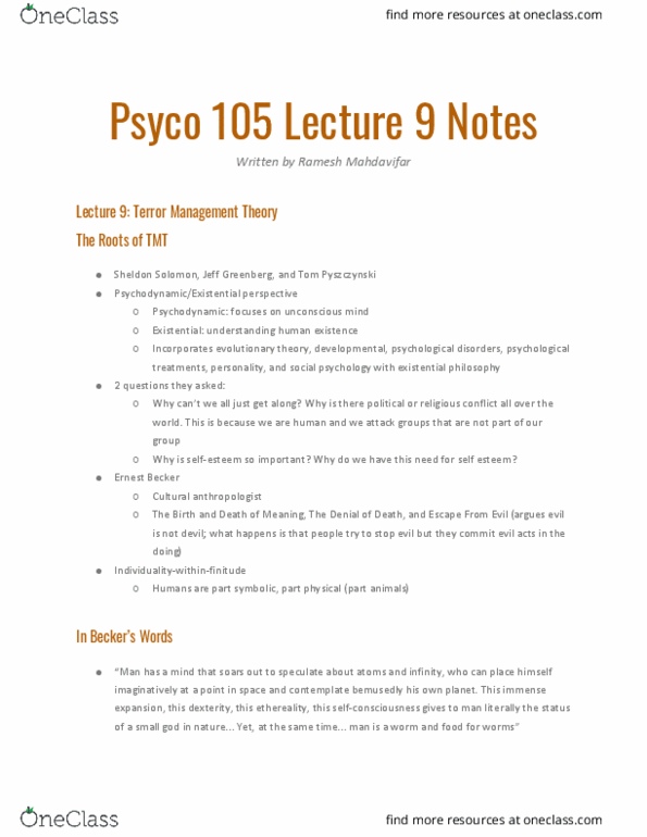 PSYCO105 Lecture Notes - Lecture 9: Ernest Becker, Terror Management Theory, Sheldon Solomon thumbnail