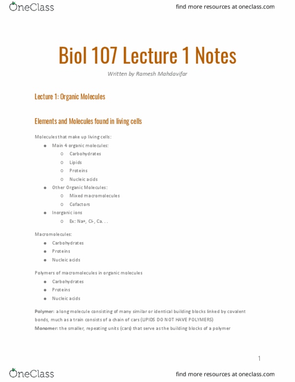 BIOL107 Lecture Notes - Lecture 1: Covalent Bond, Organic Compound, Cell Nucleus thumbnail
