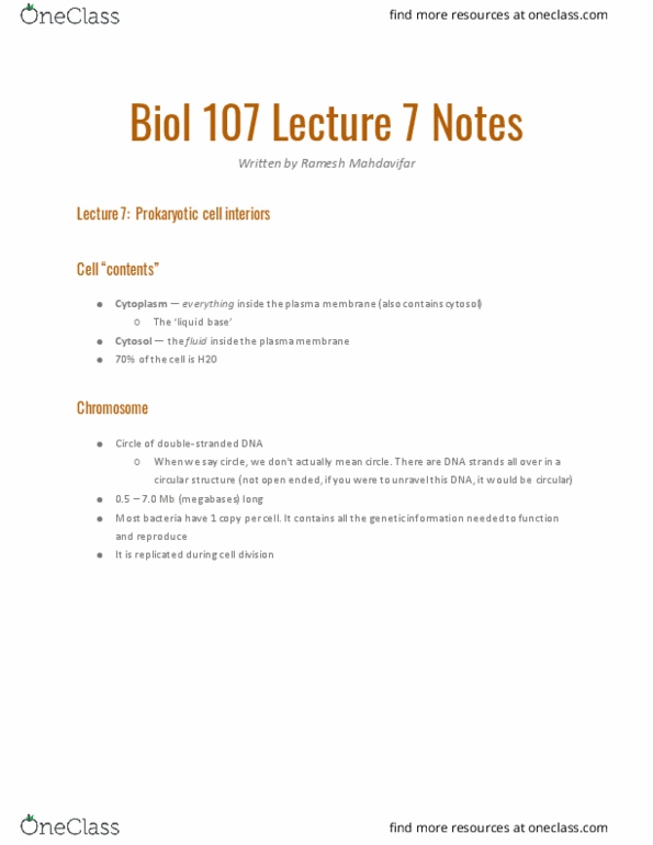 BIOL107 Lecture Notes - Lecture 7: Cytosol, Cytoplasm, Nucleoid thumbnail