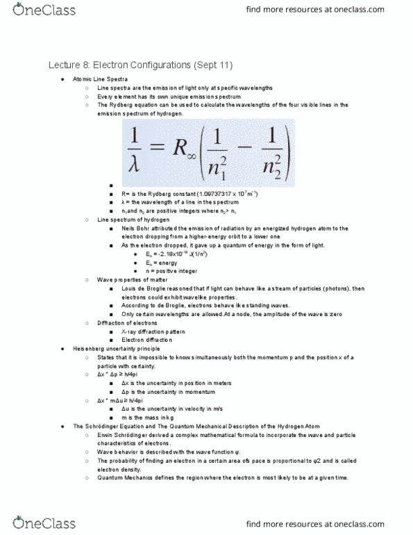 CHEM 111 Lecture Notes - Lecture 8: Louis De Broglie, Uncertainty Principle, Rydberg Formula thumbnail