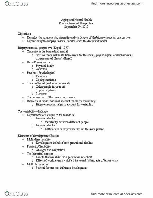 HLTHAGE 3N03 Lecture Notes - Lecture 2: Biopsychosocial Model, Biomedical Model, Cognitive Model thumbnail