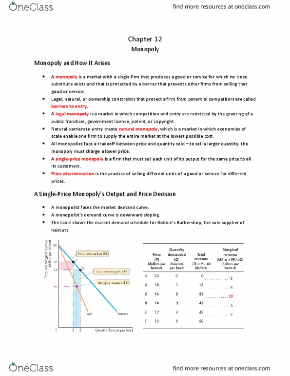 Economics 1021A/B Lecture Notes - Lecture 12: Natural Monopoly, Demand Curve, Price Discrimination thumbnail