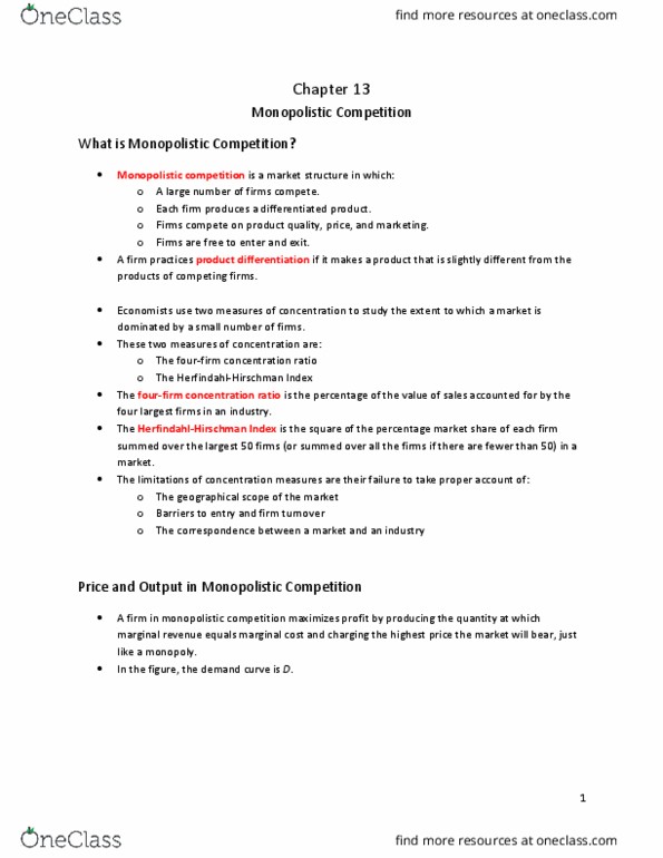 Economics 1021A/B Lecture Notes - Lecture 13: Monopolistic Competition, Marginal Revenue, Marginal Cost thumbnail