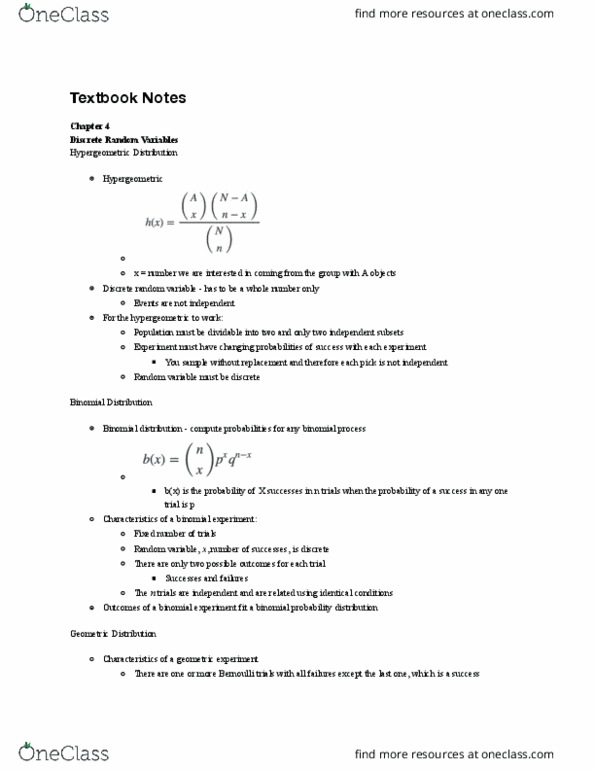 MIS 301 Chapter Notes - Chapter 4: Bernoulli Trial, Random Variable thumbnail