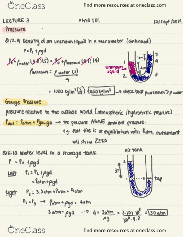 PHYS 101 Lecture Notes - Lecture 4: Ambient Pressure, Pressure Measurement, Sphygmomanometer cover image
