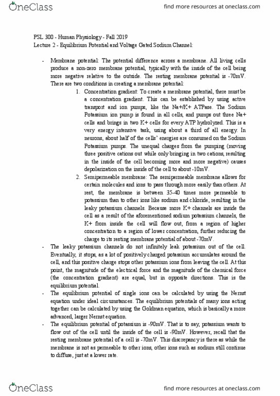 PSL300H1 Lecture Notes - Lecture 2: Sodium Channel, Resting Potential, Nernst Equation thumbnail