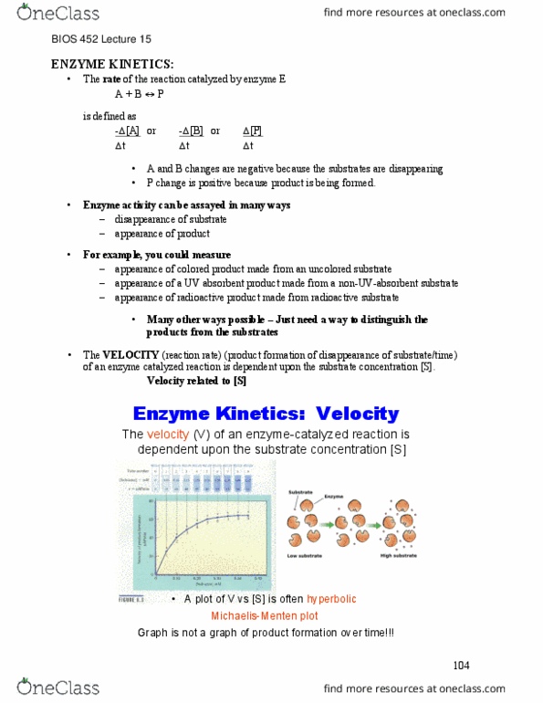 BIOS 452 Lecture Notes - Lecture 15: Reaction Rate, Enzyme, Hyperbola thumbnail