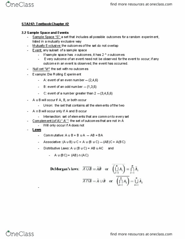 STA247H1 Chapter Notes - Chapter 2.2-2.3: Null Set, Sample Space thumbnail