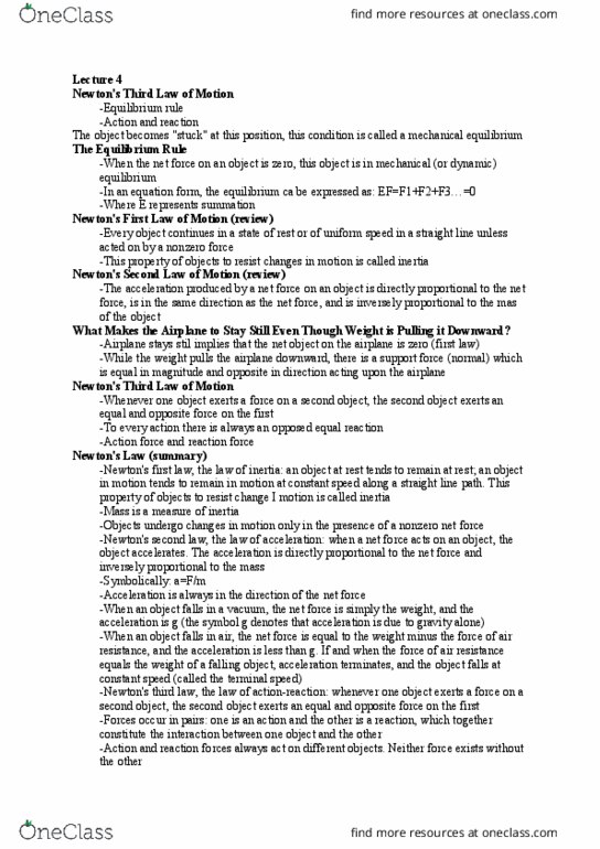 PSC 133 Lecture Notes - Lecture 4: Net Force, Mechanical Equilibrium, F31) thumbnail