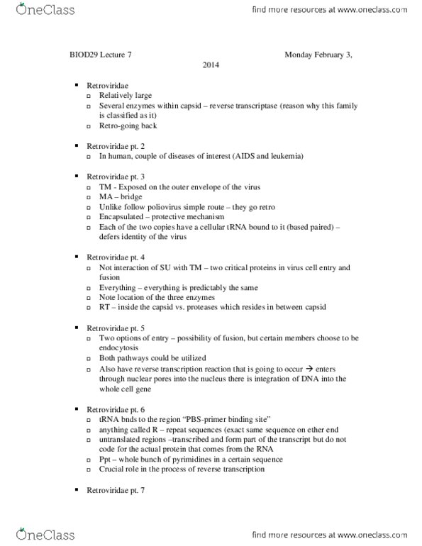 BIOD29H3 Lecture Notes - Lecture 7: Retrovirus thumbnail