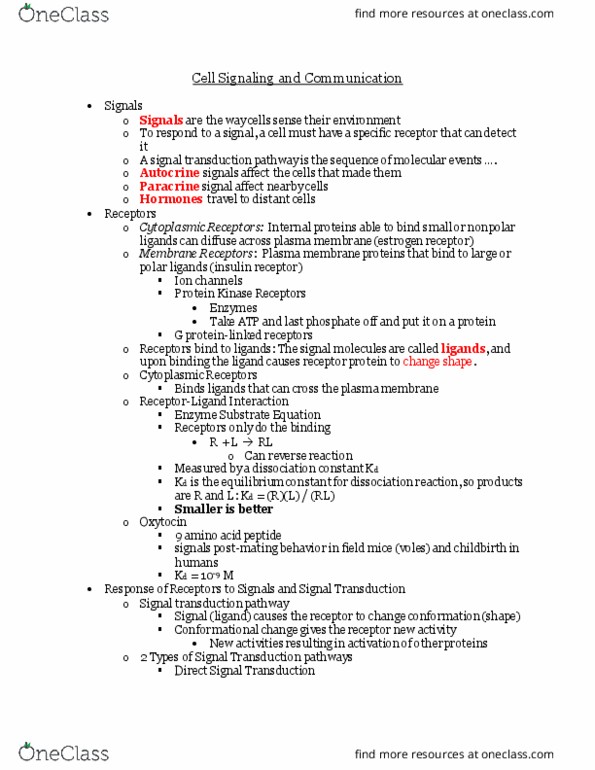 CAS BI 108 Lecture Notes - Lecture 20: Signal Transduction, Estrogen Receptor, Insulin Receptor thumbnail