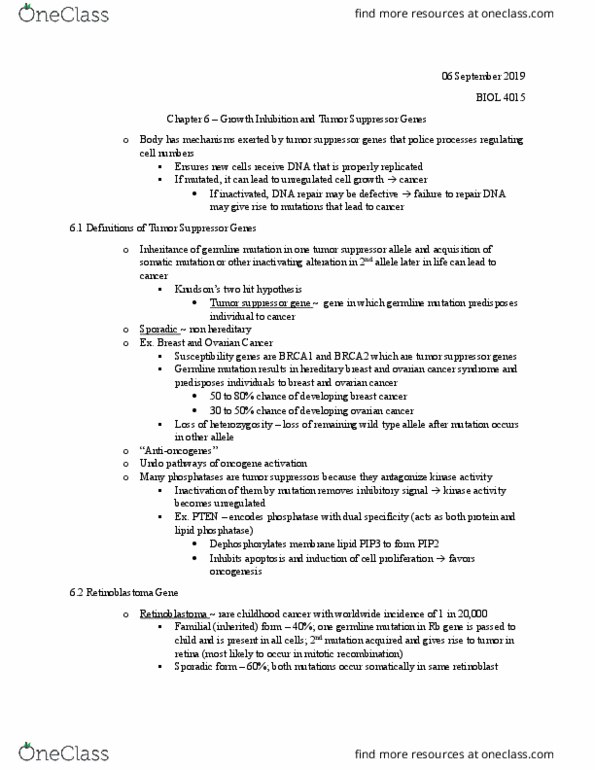 BIOL 4015 Chapter Notes - Chapter 6: Tumor Suppressor Gene, Germline Mutation, Ovarian Cancer thumbnail