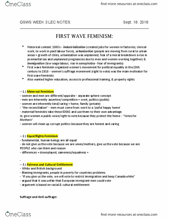 GSWS 101 Lecture Notes - Lecture 2: Premarital Sex, Suffrage, Wage Labour thumbnail