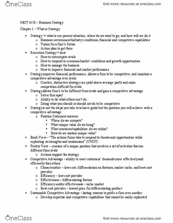 MGT-4150 Lecture Notes - Lecture 1: Niche Market, Swot Analysis thumbnail