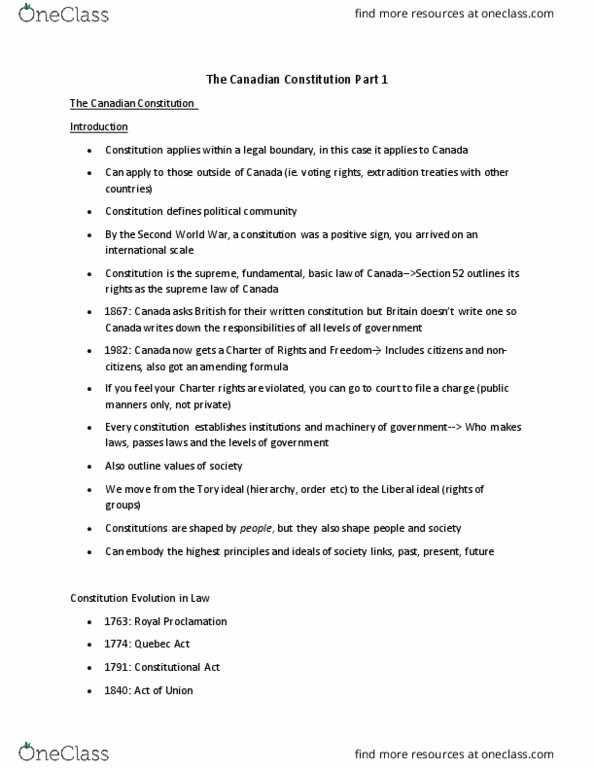 POL214Y1 Lecture Notes - Lecture 1: Quebec Act, Constitutionalism, Responsible Government thumbnail
