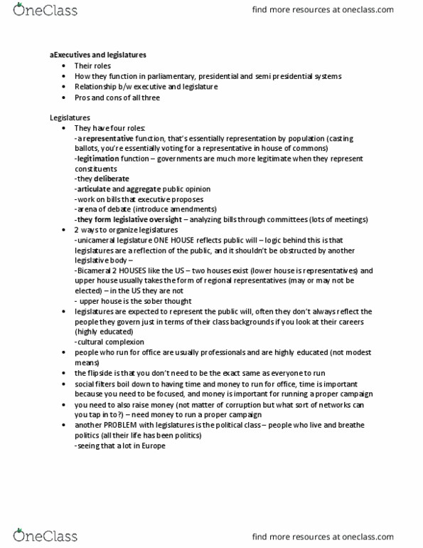 POL 2104 Lecture Notes - Lecture 3: Presidential System, Fusion Of Powers thumbnail