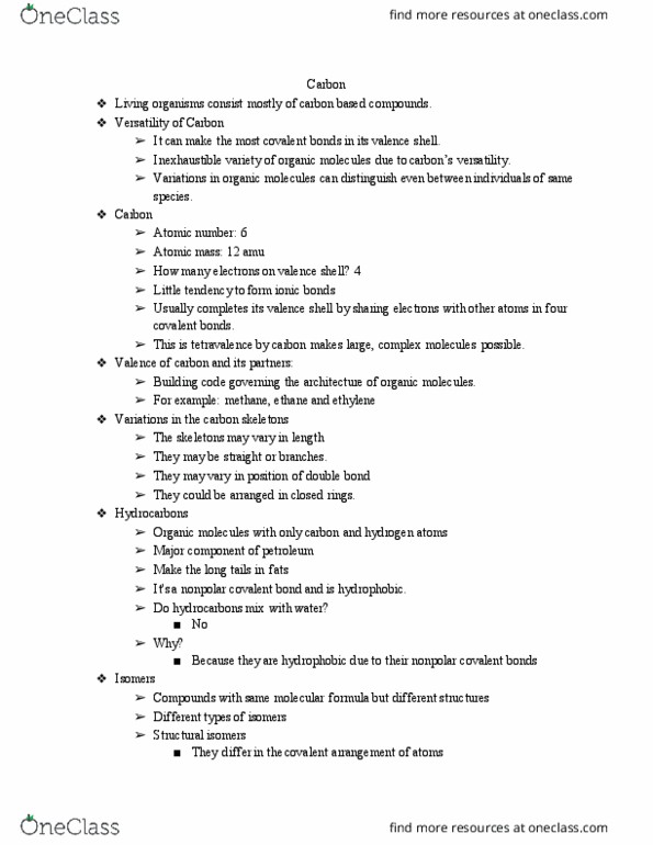 BIOL 1107 Lecture Notes - Lecture 4: Covalent Bond, Tetravalence, Atomic Mass thumbnail