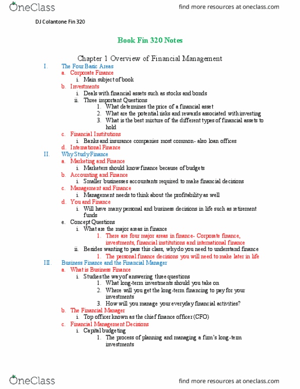FIN 320 Chapter Notes - Chapter 1-12: Corporate Finance, Personal Finance, Capital Budgeting thumbnail