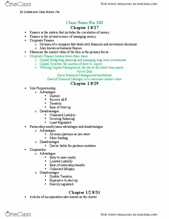 FIN 320 Lecture Notes - Sole Proprietorship, Capital Structure, Revolving Credit thumbnail