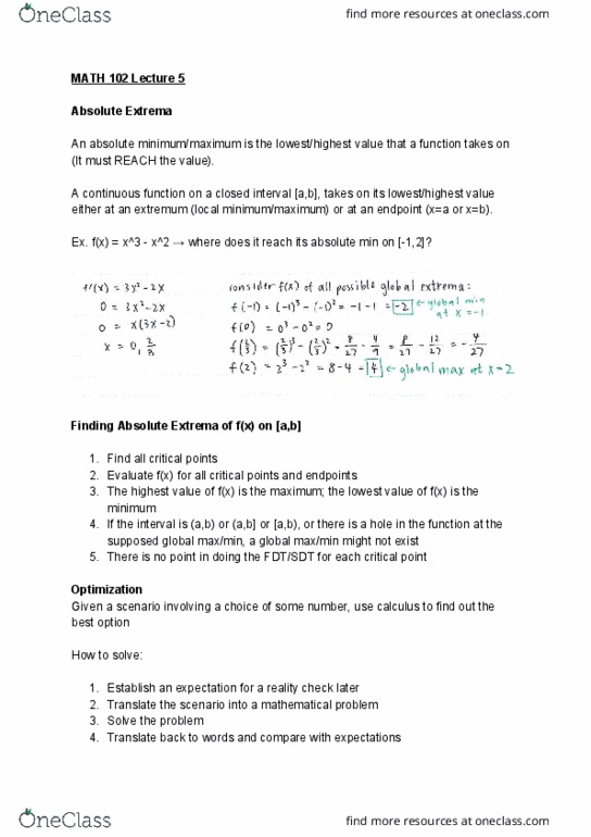 MATH 102 Lecture Notes - Lecture 5: Minimax, Maxima And Minima cover image