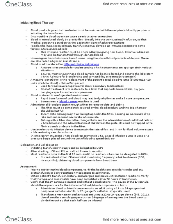 NURSING 3X04 Lecture Notes - Lecture 3: Blood Transfusion, Infusion Pump, Cross-Matching thumbnail