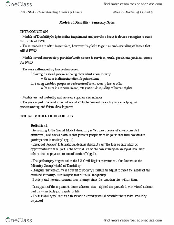 Disability Studies 2202A/B Chapter Notes - Chapter 2: Disability Rights Movement, Marginal Cost, Social Security thumbnail