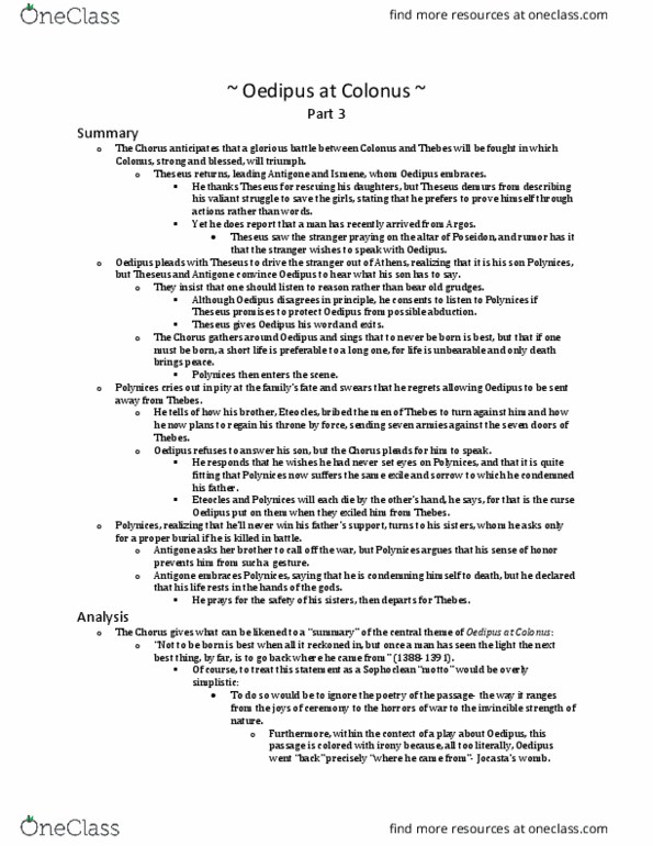 HIS 104 Chapter Notes - Chapter 2.3: Polynices, Sophocles, Eteocles thumbnail