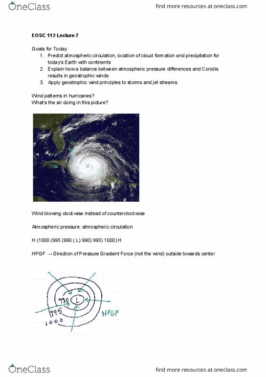 EOSC 112 Lecture Notes - Lecture 7: Pressure-Gradient Force, Atmospheric Circulation, Coriolis Force cover image