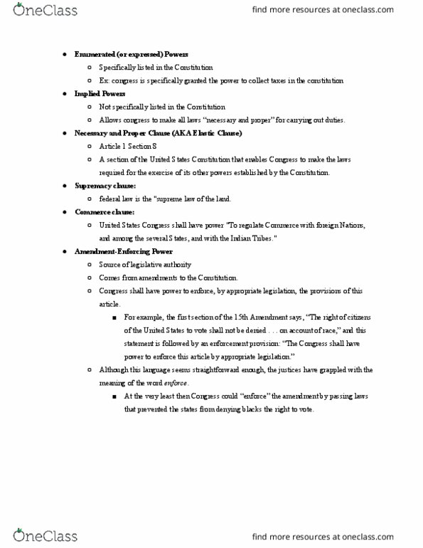 PSC 210 Chapter Notes - Chapter 5: United States Constitution, Commerce Clause, Supremacy Clause thumbnail