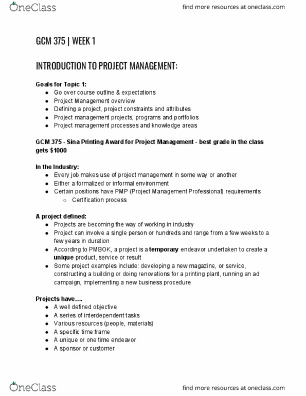 GCM 375 Lecture Notes - Lecture 1: Project Management Professional, Executive Sponsor, Project Management Body Of Knowledge thumbnail