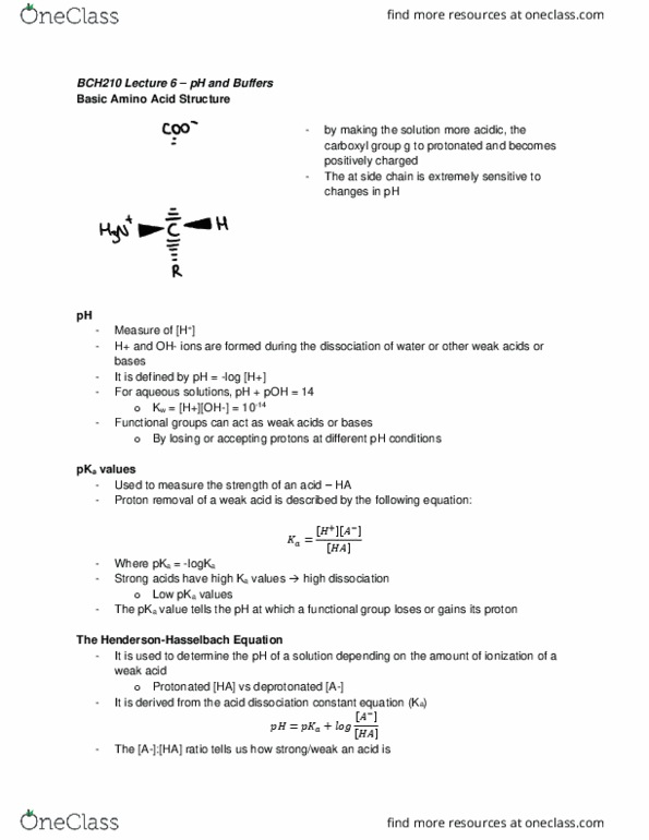 BCH210H1 Lecture Notes - Lecture 7: Ph, Carboxylic Acid, Protonation thumbnail