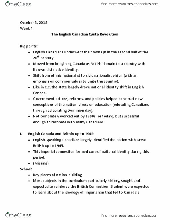 CDN267H1 Lecture Notes - Lecture 4: Civic Nationalism, Ethnic Nationalism, English Canada thumbnail