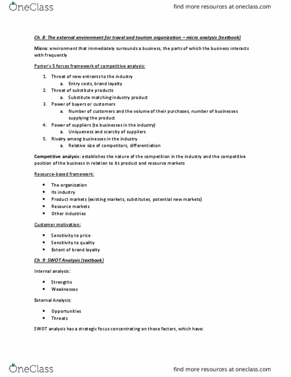 HM 442 Chapter Notes - Chapter 8-9: Swot Analysis thumbnail