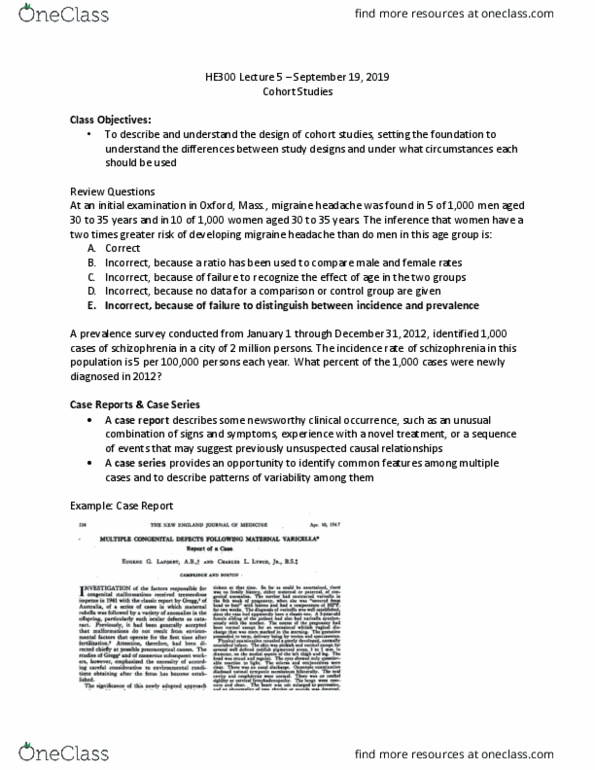 HE300 Lecture Notes - Lecture 5: Migraine, Case Report, Cohort Study thumbnail