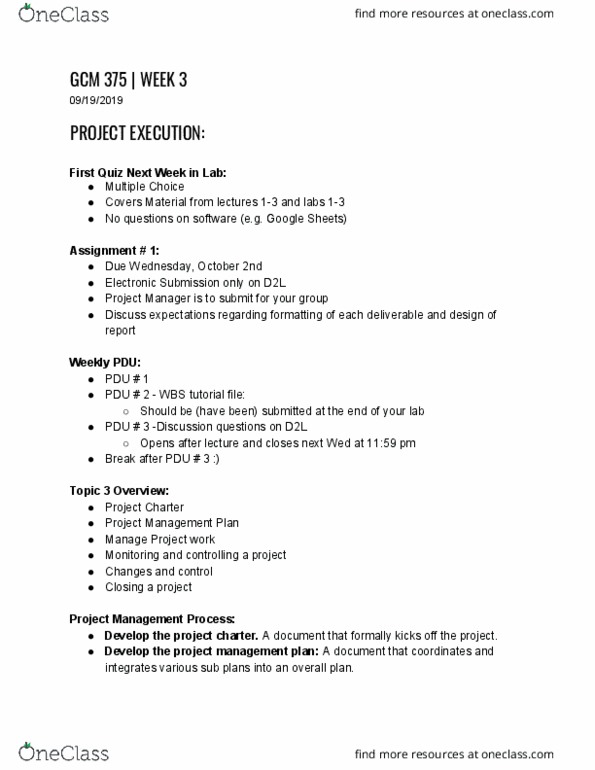 GCM 375 Lecture Notes - Lecture 3: Project Plan, Project Charter, Debt Management Plan thumbnail