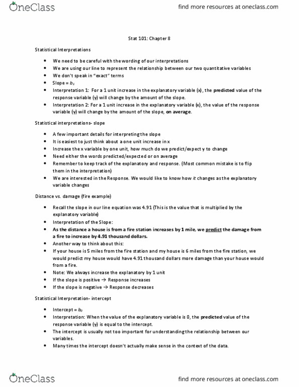 STAT 101 Chapter Notes - Chapter 8: The Intercept, Dependent And Independent Variables, Scatter Plot thumbnail