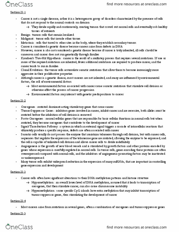 BIO 2306 Chapter Notes - Chapter 23: Oncogene, Chromosome Instability, Methylation thumbnail