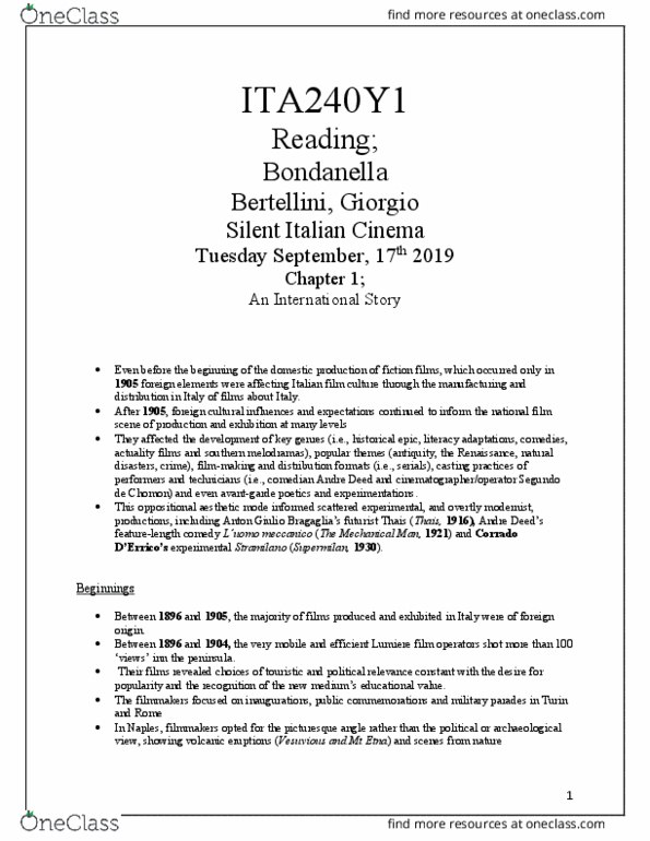 ITA240Y1 Chapter Notes - Chapter 1: Segundo De Chomón, Stramilano, Mount Vesuvius thumbnail