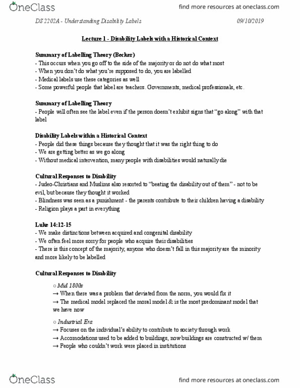 Disability Studies 2202A/B Lecture Notes - Lecture 1: Labeling Theory, Industrial Revolution, Eugenics thumbnail