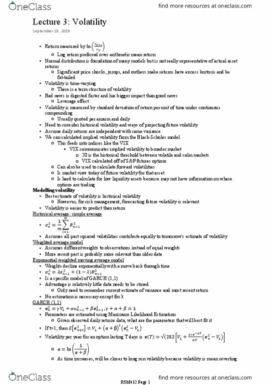 RSM432H1 Lecture Notes - Lecture 3: Maximum Likelihood Estimation, Implied Volatility, Autoregressive Conditional Heteroskedasticity thumbnail