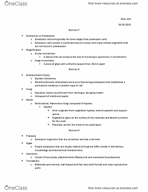 BIOL 229 Lecture Notes - Lecture 4: Symbiogenesis, Trematoda, Nematode thumbnail