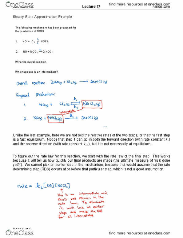 CHEM 123 Lecture Notes - Lecture 17: Steady State (Chemistry), Rate-Determining Step, Rate Equation thumbnail
