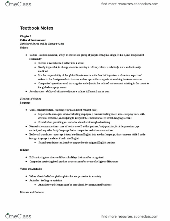 B A 310 Chapter Notes - Chapter 5: Nonverbal Communication, Linguistics, Acculturation thumbnail