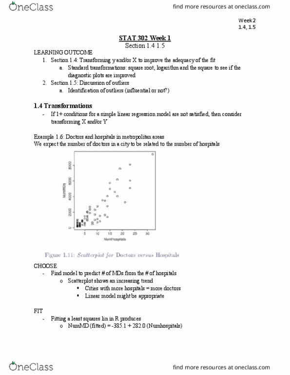 STAT 302 Chapter Notes - Chapter 1: Simple Linear Regression, Square Root, Regression Analysis thumbnail