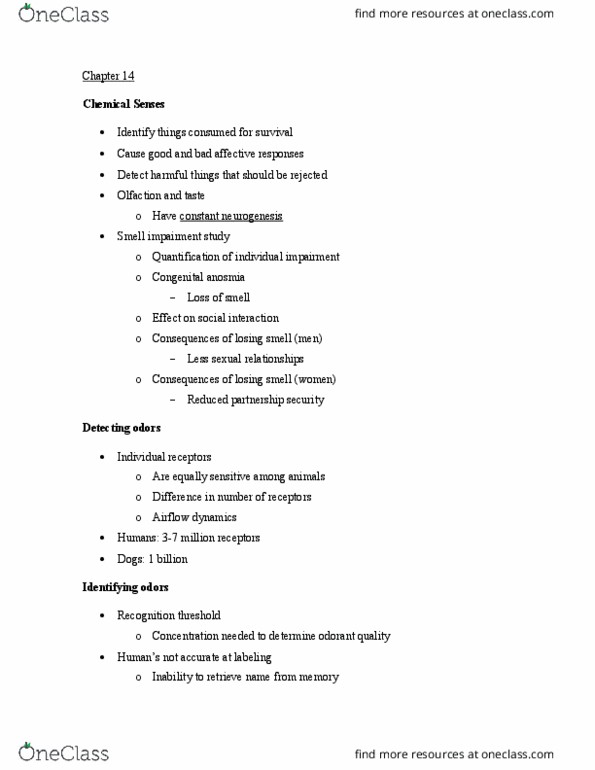PSY30400 Chapter Notes - Chapter 14: Anosmia, Aroma Compound, Olfactory Bulb thumbnail