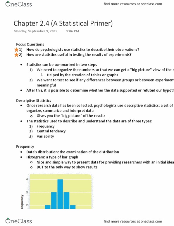 PSYA01H3 Chapter Notes - Chapter 2.4: Descriptive Statistics, Central Tendency, Statistical Hypothesis Testing thumbnail