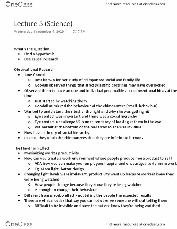 PSYA01H3 Lecture Notes - Lecture 5: Jane Goodall, Eye Contact, Socioeconomic Status thumbnail