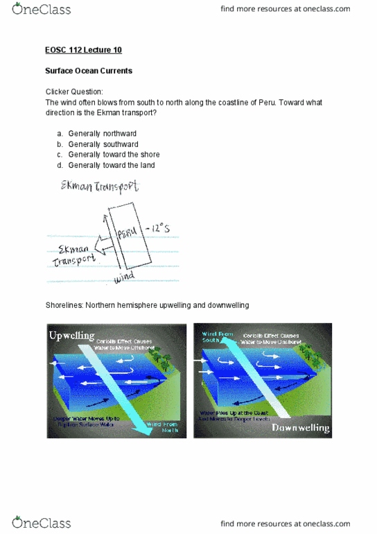 EOSC 112 Lecture Notes - Lecture 10: Ocean Current, Ekman Transport, Downwelling cover image